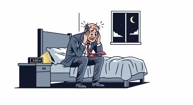 Stressed man in suit sits on bed at 300 AM, hands on head, by window with moon