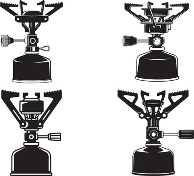 Black camping stoves in a silhouette on white background. Black camping stoves vector illustration.