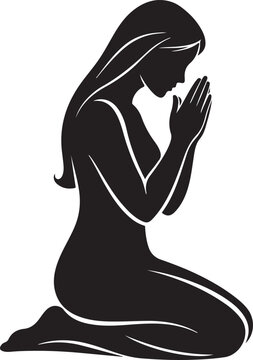 Praying Woman Silhouette Black and White Illustration Spiritual Meditation Vector.