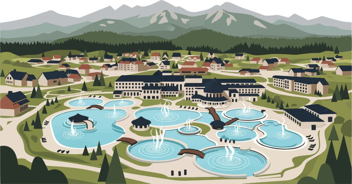 Mountain resort with thermal pools and surrounding village and forest