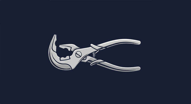Stylized illustration of a metal plier tool with silver handles and gray jaws on a dark blue background