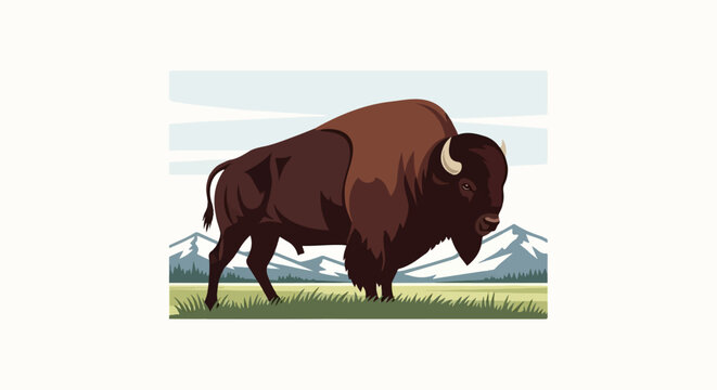 A bison stands in a grassy field with mountains in the background