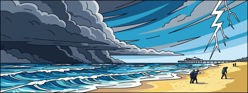 A storm approaches a beach with a pier in the distance and lightning overhead