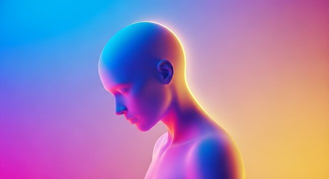 Serene digital avatar with glowing golden aura. Inner peace and spiritual awakening concept. Ethereal humanoid figure with closed eyes resting in a soft colorful gradient background