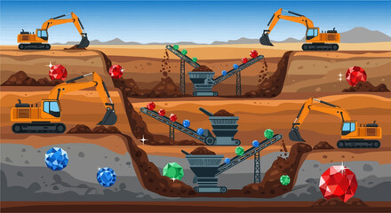 Fototapeta premium Excavators and conveyor belts unearth colorful gemstones in layered earth
