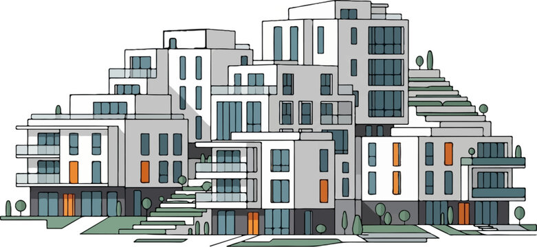Stylized sketch of a modern, multi-level building complex with geometric shapes and green landscaping