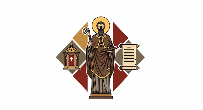 Religious figure with staff, book, shrine, and scroll, set against a diamond pattern backdrop