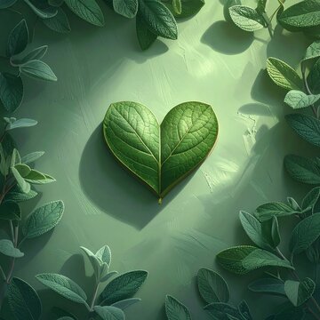 single green mint leaf forming heart shape on water surface close-up