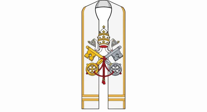 A white stole with gold trim, adorned with papal insignia and crossed keys