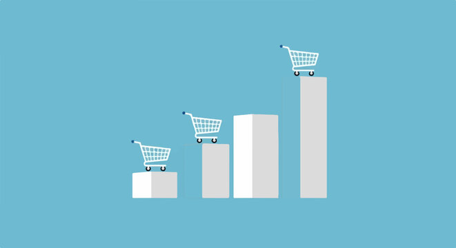 Conceptual bar graph with shopping carts showing upward trend