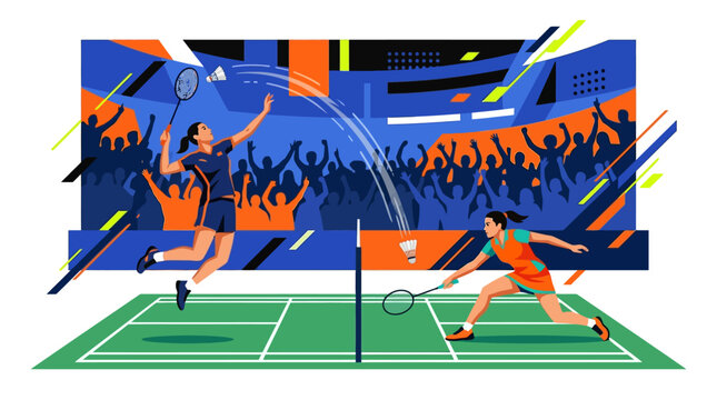 Illustration of badminton players in action during the Thomas Uber Cup 2026, a badminton championship event with a dynamic and energetic mood.