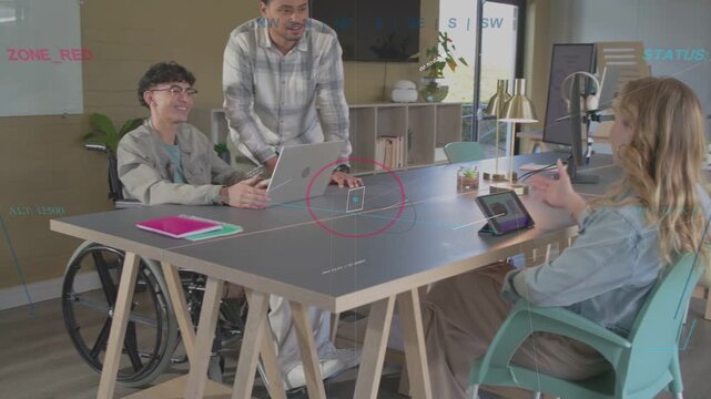 Standing man pointing and guiding laptop user while woman tapping tablet, 3D chart aiding business