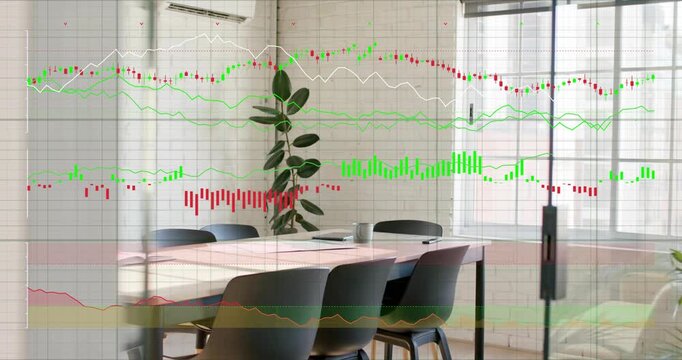 Faint grid rising, table, chairs, plant hosting growing market chart overlay showing trends