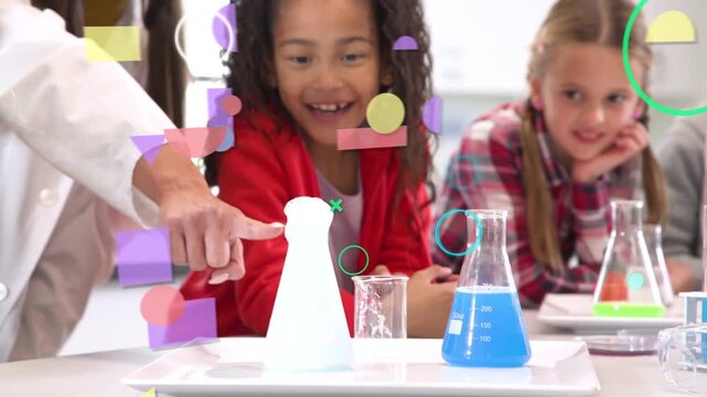 Teacher pouring reagent into flask, creating foam while main girl red shirt reaching for science