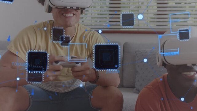 Playing friends at home wearing white VRs with blue HUD appearing, holding white pad for play