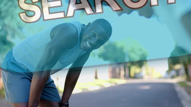 Male runner resting after run in sunlit road, fitness SEARCH overlay sliding revealing partner