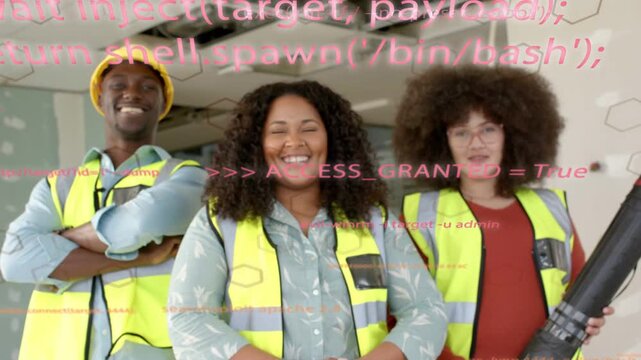 Construction crew posing with rolled tube, code overlay drifting up and fading, revealing progress