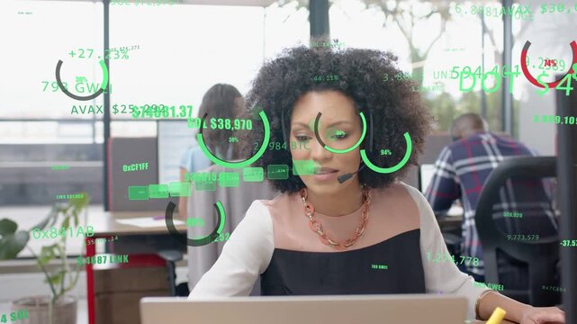 Reacting to green HUD, woman black top typing, tracking cryptos on laptop with headset at office