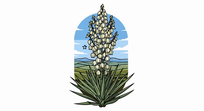A tall stalk of white yucca flowers blooms with a backdrop of rolling hills and a starry sky