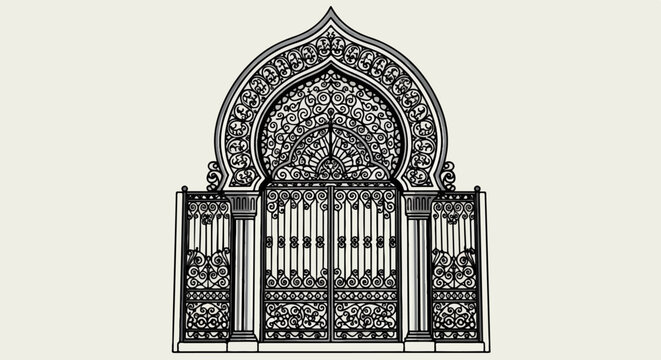 Ornate wrought iron gates with elaborate scrolling and a pointed archway