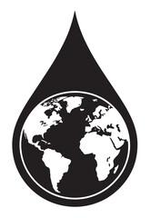 Fototapeta premium Black and white earth globe silhouette inside a water drop shape for environmental awareness