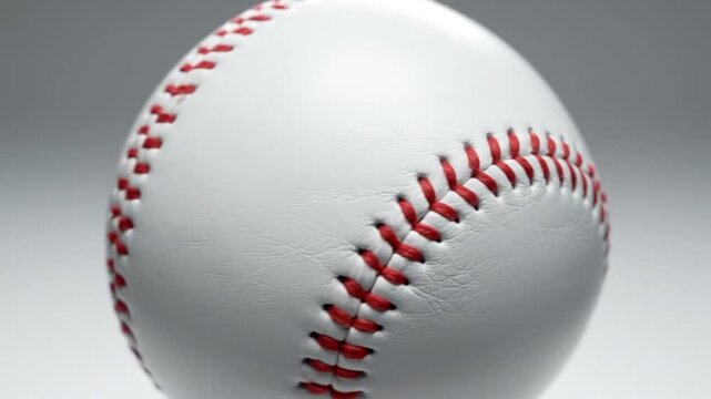 Close-up shot of a classic baseball with red stitching slowly rotating against a plain background