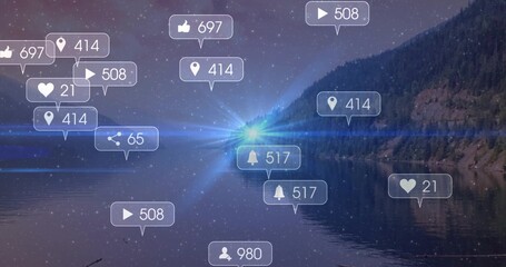 Obraz premium Floating translucent social media notifications drifting over night lake, with blue-green flare