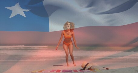 Obraz premium Shouting woman in orange bikini on beach, breeze lifting hair, blanket, celebrating flag overlay