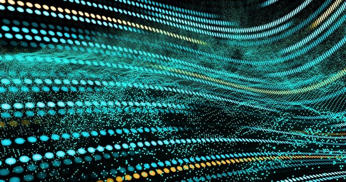 Rippling turquoise dots and particles flowing diagonally in 3D space with yellow-orange accents