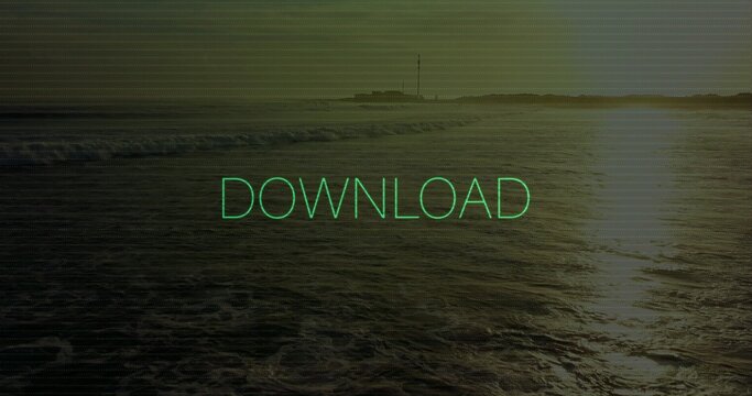 Displaying neon green DOWNLOAD text overlay glowing over choppy sea at sunrise, with sun glare