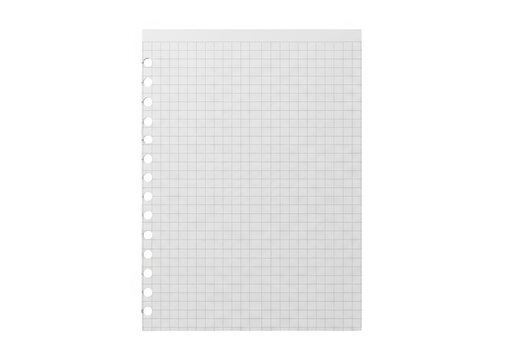 A sheet of white graph paper with holes for a binder, isolated on transparent background