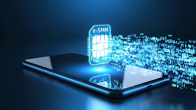 Electronic sim card emerging from smartphone interface on dark backdrop