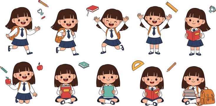 Cute school girl character set with backpack and books for education back to school vector illustration on white background.