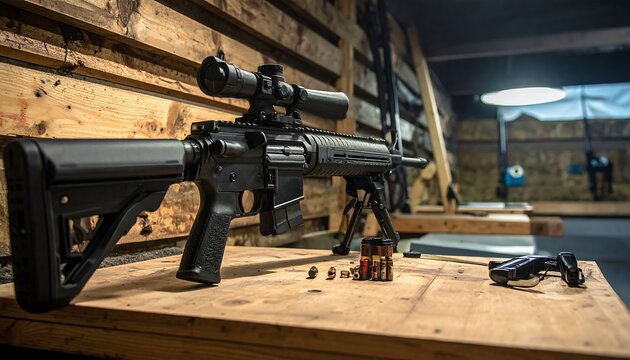 A scoped rifle sits on a wooden table with ammunition, in a rustic shooting range