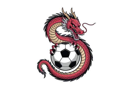 A vibrant red dragon fiercely guards a black and white soccer ball coiled in a dynamic pose on transparent background.