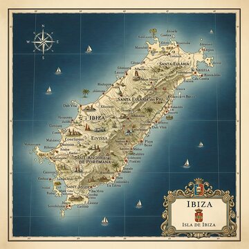 Antique-style map of Ibiza, showing towns, coastline, and sailing boats