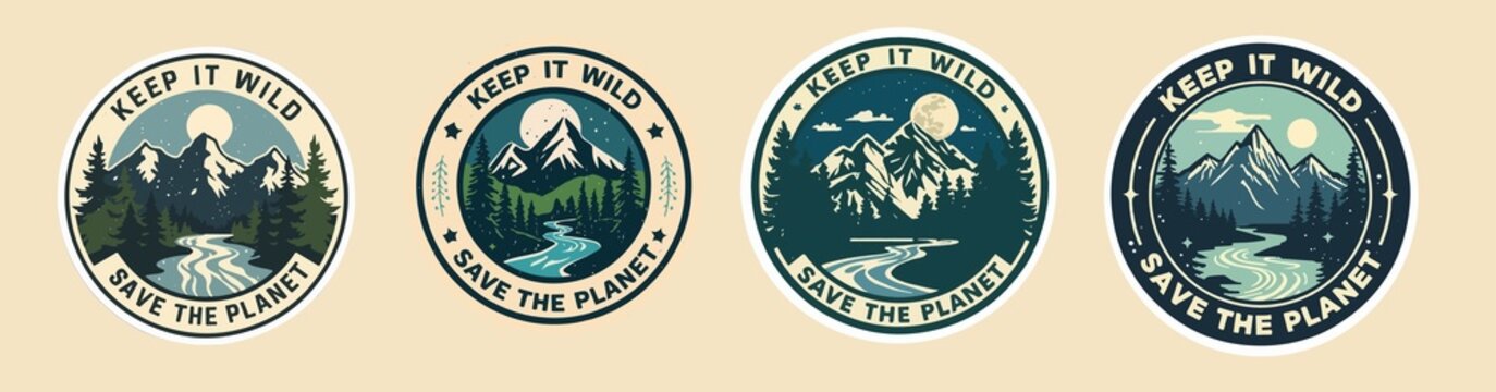 A vintage-style adventure badge sticker. The central illustration shows a mountain range with a clear river and a full moon, encircled by pine branches.