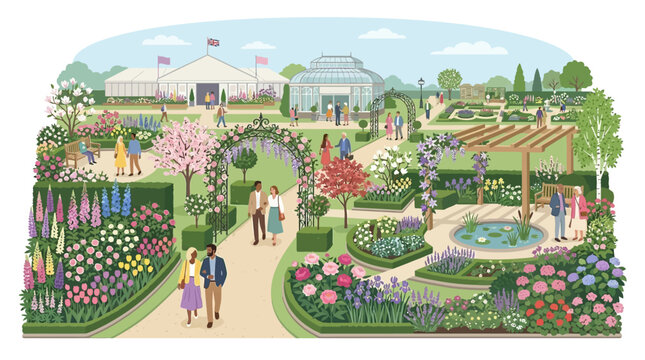 Illustration of a vibrant RHS Chelsea Flower Show garden exhibition in London with people strolling through a beautiful floral display and landscape design.
