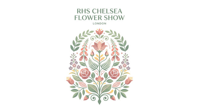 Illustration of a floral design for the RHS Chelsea Flower Show with blooming flowers and greenery on a white background.