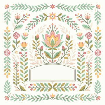 Vector illustration of a floral design showcase with blooming flowers, leaves and a blank text box, inspired by the RHS Chelsea Flower Show, featuring a garden landscape with colorful