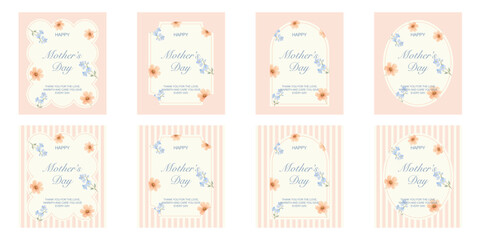 Set of pastel Mother’s Day greeting cards with floral decorations and elegant frames. Soft vintage style templates with striped and solid backgrounds, perfect for prints, invitations, and social media © thebeststocker