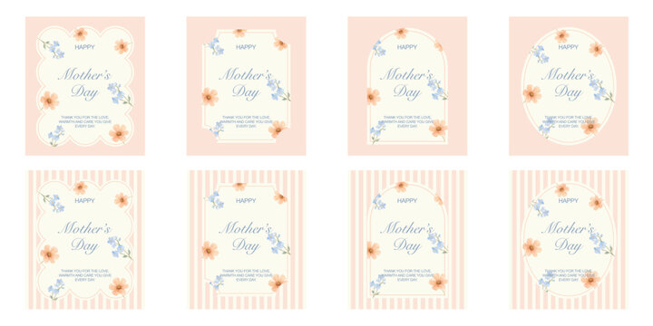 Set of pastel Mother&rsquo;s Day greeting cards with floral decorations and elegant frames. Soft vintage style templates with striped and solid backgrounds, perfect for prints, invitations, and social media