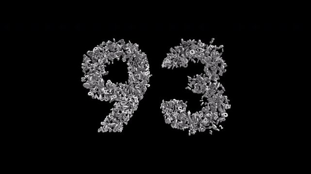 Number 93 Formed by Small Digits Animation with Alpha Channel. Typographic Number Formation Effect. Digital Number Made of Numbers. 3D Font Typographic Animation. Transparent Background