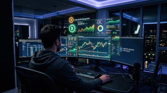 A man sitting in front of multiple computer monitors displaying financial charts and graphs in a dark room.