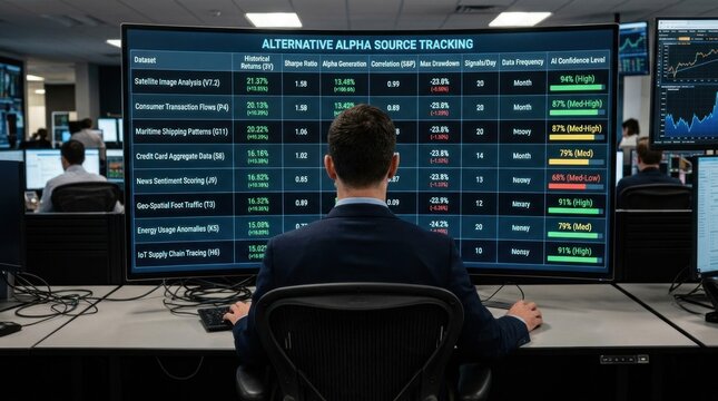 A man in a suit sits in front of a large screen displaying alternative alpha source tracking data in a modern office setting.