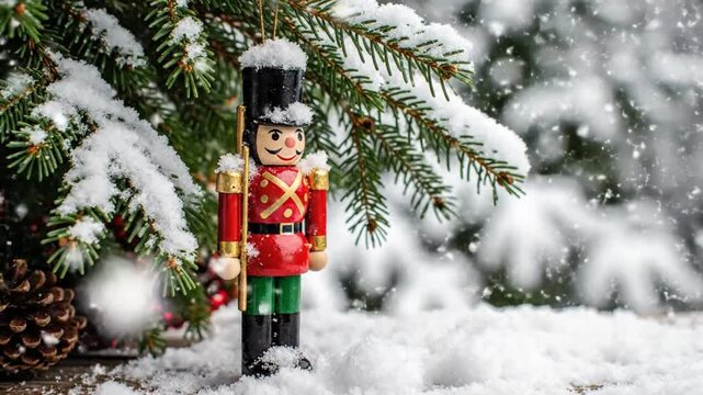 Festive Nutcracker Soldier Ornament Hanging on Christmas Tree Branches with Falling Snow in Winter Wonderland