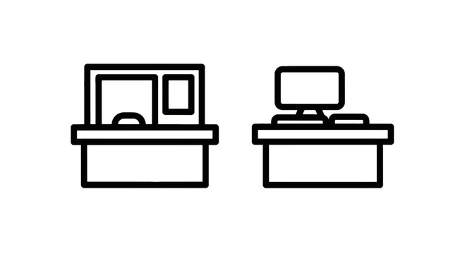 Service counter and computer desk icons representing customer service and office work with data entry help desk check in computer business reception