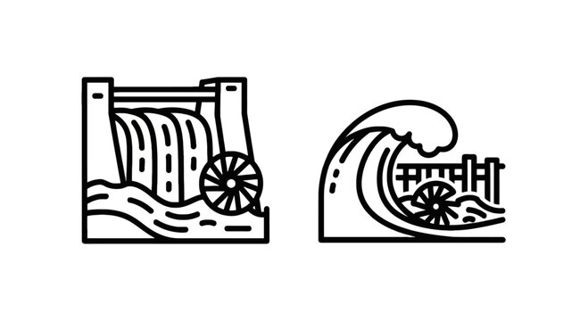 Hydroelectric power dam and wave energy converter icons with line art hydroelectric renewable resource generation electricity mechanical powerplant