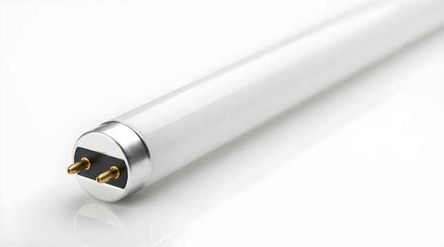 Close-up shot of a white fluorescent or LED tube light bulb showing its bi-pin connector on a clean white reflective surface.