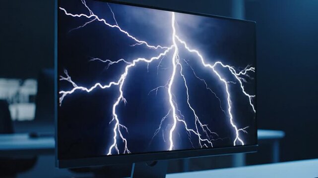 Epic lightning storm on computer monitor with dramatic background in a dark office setting